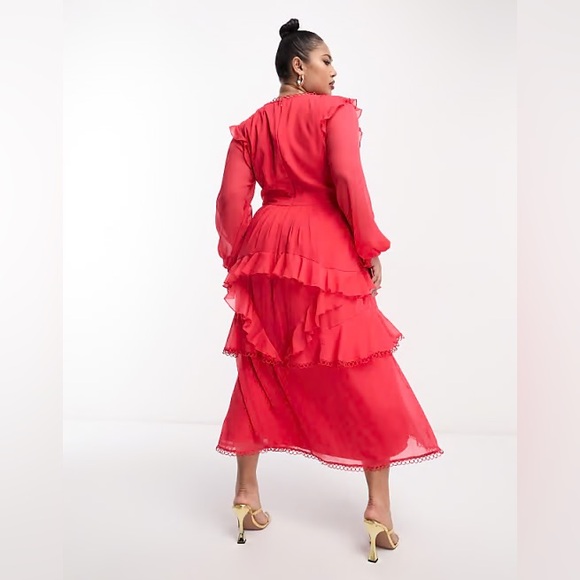 ASOS DESIGN Curve midi dress with long sleeve, Ruffles,and circle trim - Picture 2 of 6